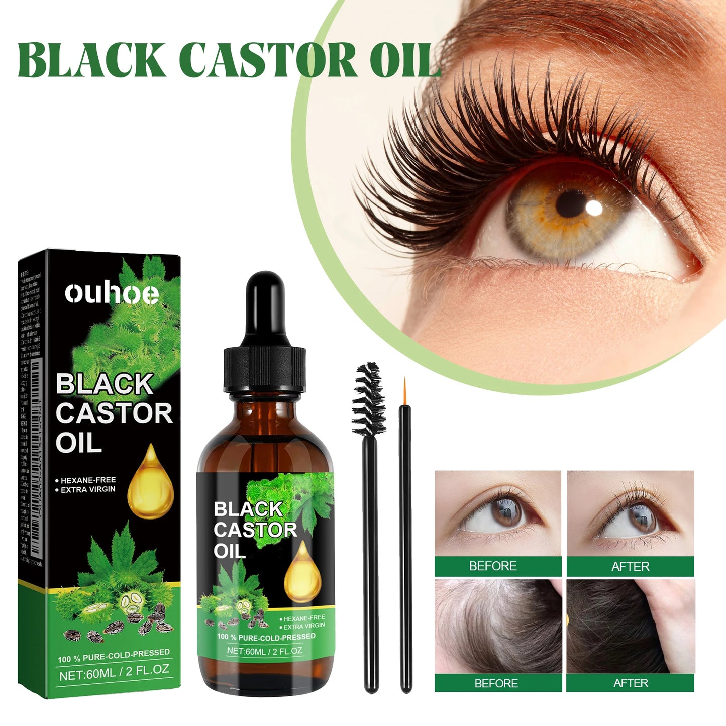 Ouhoe Organic Black Castor Oil Nourishes Hair Growth